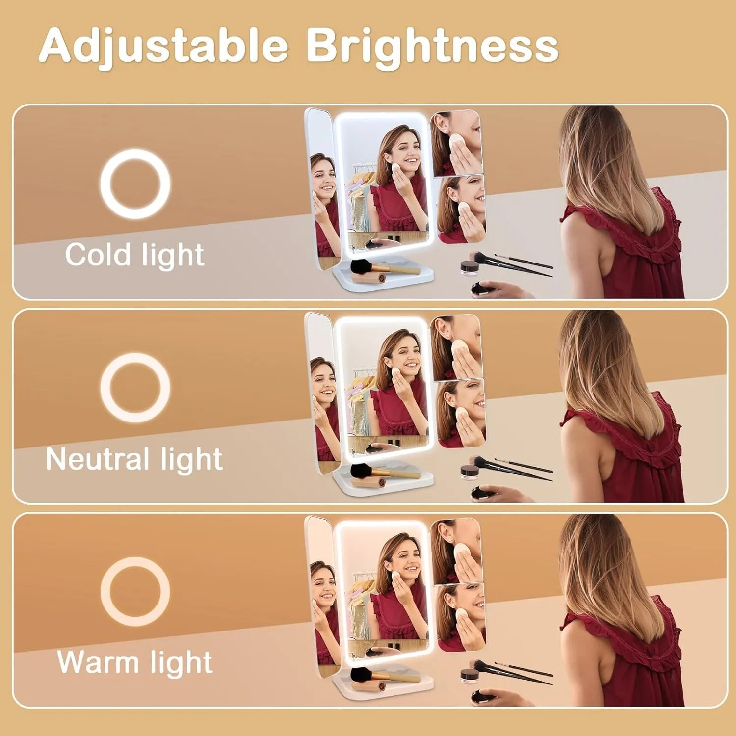 3-Fold Lighted Makeup Mirror with 3X/2X/1X Magnification & LED Lights