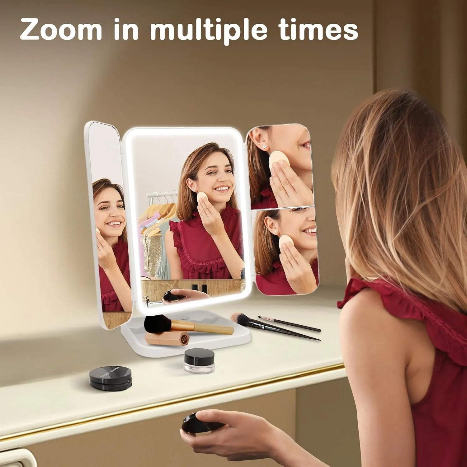 3-Fold Lighted Makeup Mirror with 3X/2X/1X Magnification & LED Lights