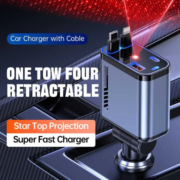 Retractable 66W Car Charger – Dual Cables, USB-C & USB Ports