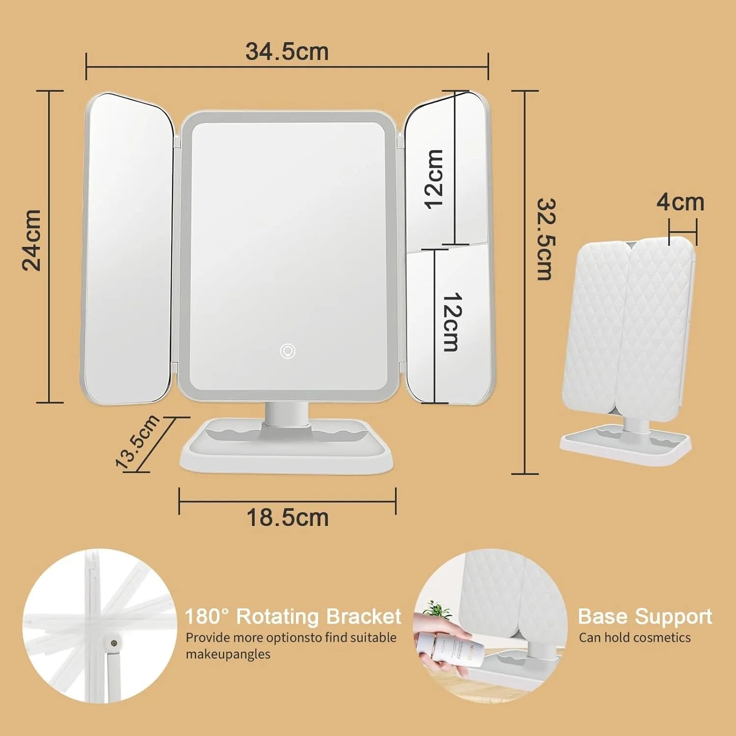 3-Fold Lighted Makeup Mirror with 3X/2X/1X Magnification & LED Lights