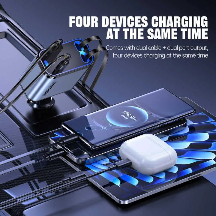 Retractable 66W Car Charger – Dual Cables, USB-C & USB Ports
