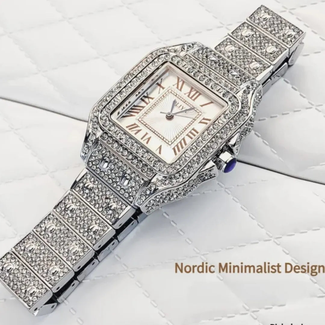 Oliya Iced Out Silver Hip Hop Watch – Custom Dial, Elegant Women’s Style