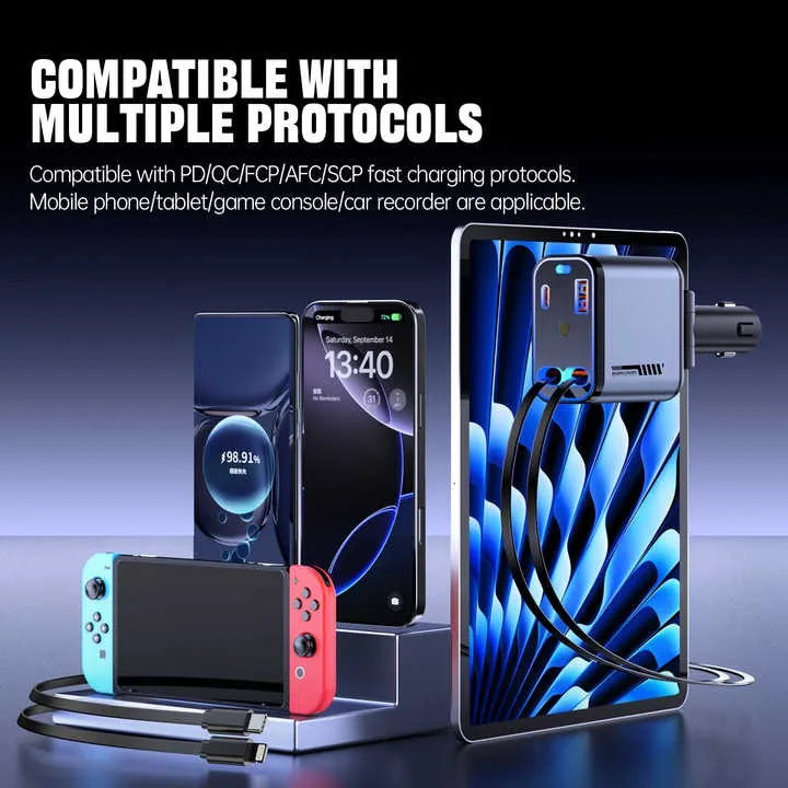 Retractable 66W Car Charger – Dual Cables, USB-C & USB Ports