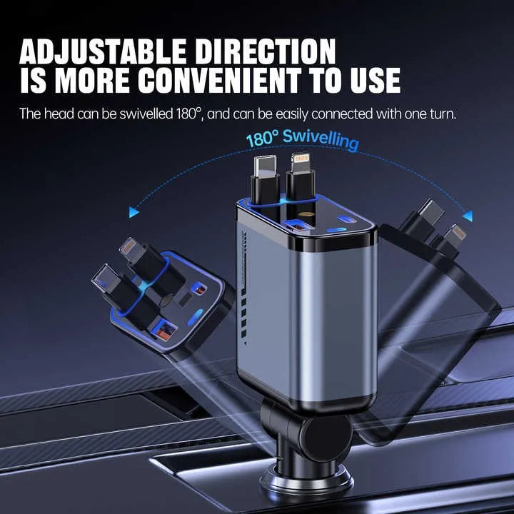 Retractable 66W Car Charger – Dual Cables, USB-C & USB Ports